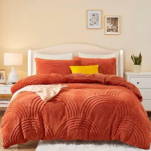  Oli Anderson Fluffy Duvet Cover Set, Faux Fur Rainbow Tufted Duvet Covers Queen Size, 3 Pieces Ultra Soft Warm Plush Comforter Cover Set, Ivory (1 Duvet Cover + 2 Pillowcases)