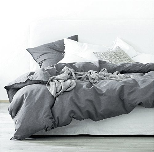  Washed Cotton Chambray Duvet Cover Solid Color Casual Modern Style Bedding Set Relaxed Soft Feel Natural Wrinkled Look (Queen, Charcoal)