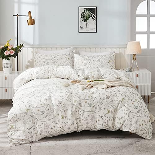  Jolusere White Botanical Floral Duvet Cover Set Queen Size 100% Cotton Plants Flower Blossom Printed Comforter Cover Modern Rustic Flower Comforter Quilt Cover With Zipper And Closure 3 Pieces Bed Set