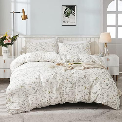 White Botanical Floral Duvet Cover Set King Size 100% Cotton Plants Flower Blossom Printed Comforter Cover Modern Rustic Flower Comforter Quilt Cover With Zipper And Closure 3 Pieces Bed Set