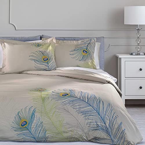 Superior 100% Cotton, 3-Piece King/California King, Single Ply, Soft, Embroidered Peacock Duvet Cover Set, Silver