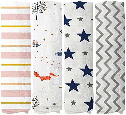  100% Muslin Swaddle Blankets,Baby Swaddling Blankets For New Born, Baby Receiving Blankets Unisex, Soft, Warm And Cosy Baby Blankets Pack Of 4, Size 47 X 47 Inches,Gift For New Mom Jungle Jam