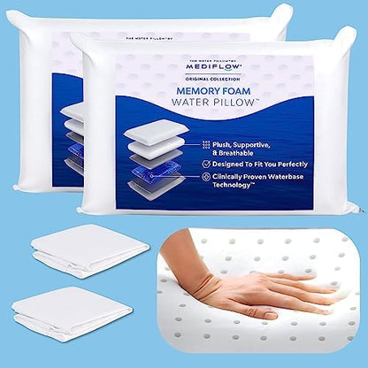  Mediflow Water Pillow Memory Foam Re-Invented With Waterbase Technology - Clinically Proven To Reduce Neck Pain & Improve Sleep Quality. (Single Pack)