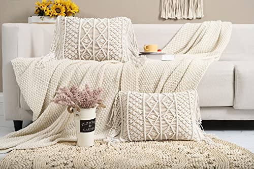  HOMESUNSHINE Macrame Lumbar Pillow Cover-Set Of 2 With Tassels Rectangualr Cushion Covers Boho Throw Pillow Cover For Couch, Sofa, Bed, Farmhouse, Chair, Dining, Patio, Outdoor, Car (B)