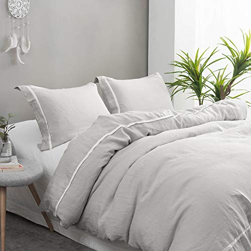  Simple&Opulence 100% Linen Duvet Cover Set Comforter King Size (104" X 92")-3pcs French Washed Flax Textured Soft Bedding With Striped Detail, 1 Duvet Cover And 2 Pillowcases (Grey)