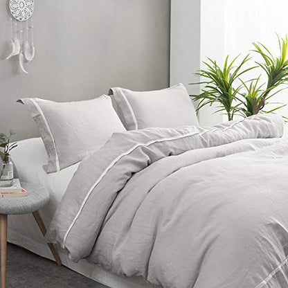  Simple&Opulence 100% Linen Duvet Cover Set Comforter King Size (104" X 92")-3pcs French Washed Flax Textured Soft Bedding With Striped Detail, 1 Duvet Cover And 2 Pillowcases (Grey)