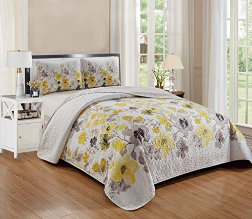  3 Piece Luxury Lush Soft Floral Flowers Coverlet Bedspread Oversized Bed Cover Set # Lily (King/Cal-King, Yellow)