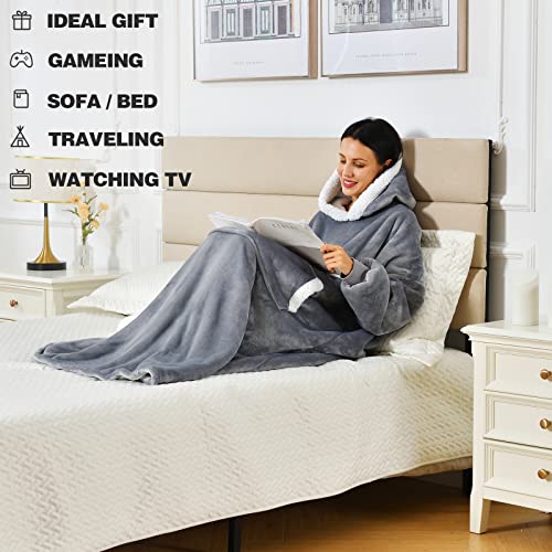  Wearable Blanket Hoodie For Women/Kids/Men, Oversized & Cozy Sherpa Lined Hoodie Sweatshirt Blanket Grey