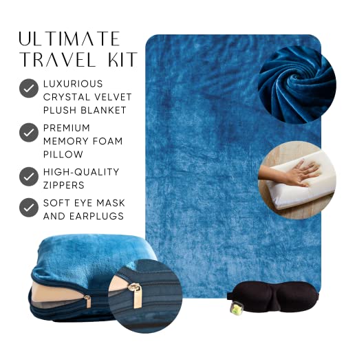  Travellow Travel Pillow And Blanket Set - 4-in-1 Ultimate Travel Kit With Memory Foam Pillow, Travel Blanket, Sleep Mask, And Earplugs-Ultimate Comfort And Coziness For Your Journeys - Blue