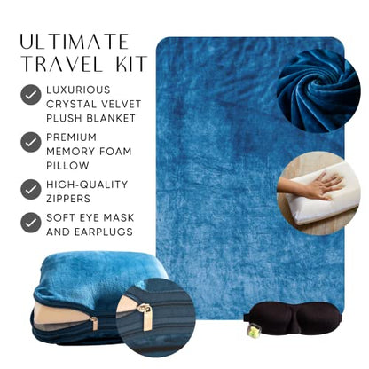  Travellow Travel Pillow And Blanket Set - 4-in-1 Ultimate Travel Kit With Memory Foam Pillow, Travel Blanket, Sleep Mask, And Earplugs-Ultimate Comfort And Coziness For Your Journeys - Blue