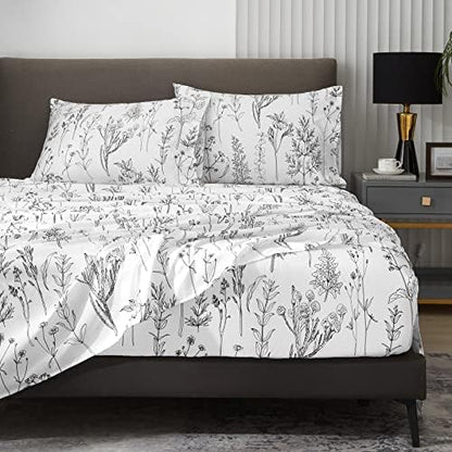  Floral Bed Sheets King Size, 18 Inches Deep Pocket Sheets 1800 Thread Count, Black And White Leaf Sheet Set Soft Breathable Cute Aesthetic Sheets Shabby Chic Bed Sheets,Oeko-Tex Certificated