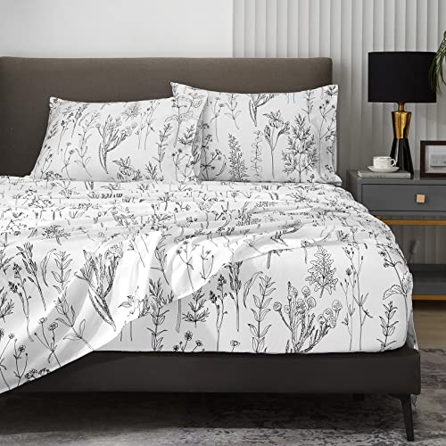 Floral Bed Sheets King Size, 18 Inches Deep Pocket Sheets 1800 Thread Count, Black And White Leaf Sheet Set Soft Breathable Cute Aesthetic Sheets Shabby Chic Bed Sheets,Oeko-Tex Certificated