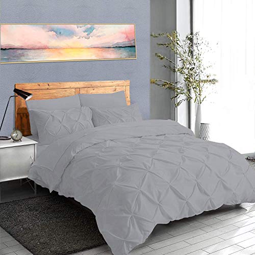  Stoffkontor Pinch Pleated 3-Piece Duvet Cover Set 100% Egyptian Cotton 800 Thread Count With Zipper & Corner Ties Pintuck Decorative Duvet Cover- Oversized Super King (120" X 98") Size, Silver