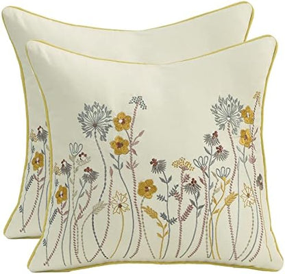  Tosleo Farmhouse Pink Tulip Embroidered Decorative Throw Pillow Covers 18x18 Set Of 2 Flowers Tufted Pillow Cushion Cases Square Floral Cotton Pillowcases For Wedding Sofa Couch Bedroom Living Room
