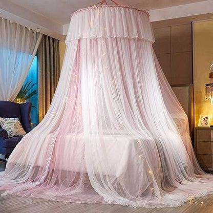  Bed Canopy For Girls - Princess Elegant Lace Round Sheer Mesh Bed Curtains - Canopy For Girls Room Bedding Net For Twin Full Queen King Size (Pink And Blue)