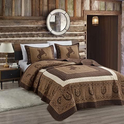  Sapphire Home Luxury 3-Piece Quilt Bedspread Set - Western Design Collection - Wild Horse Country/Horseshoe/Star/Cowboy/Southwestern Blue/Tayler Design W/Pillow Sham - Queen Size, Beige Brown