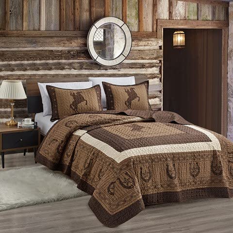  Sapphire Home Luxury 3-Piece Quilt Bedspread Set - Western Design Collection - Wild Horse Country/Horseshoe/Star/Cowboy/Southwestern Blue/Tayler Design W/Pillow Sham - Queen Size, Beige Brown