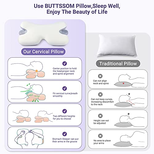  BUTTSSOM Cervical Neck Pillow,Ergonomic Contour Orthopedic Pillow For Neck And Shoulder Pain Relief With Soft Cooling Pillowcase,Memory Foam Support Sleeping Pillow For Side,Back,Stomach Sleeper