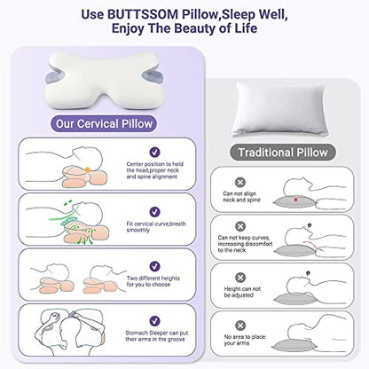  BUTTSSOM Cervical Neck Pillow,Ergonomic Contour Orthopedic Pillow For Neck And Shoulder Pain Relief With Soft Cooling Pillowcase,Memory Foam Support Sleeping Pillow For Side,Back,Stomach Sleeper