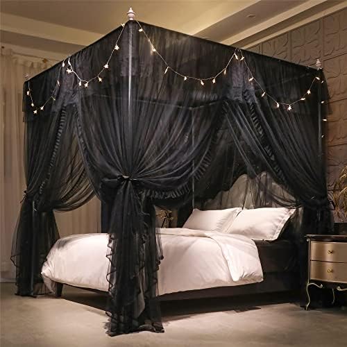  VETHIN 4 Corners Post Ruffle Princess Bed Canopy Curtain-Double Layer Cozy Drape Netting 4 Opening Mosquito Net For Girls Adults Bedroom Decoration (Double-Black,64" W*82" L*82"*H/Queen)