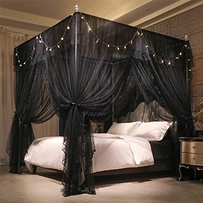  VETHIN 4 Corners Post Ruffle Princess Bed Canopy Curtain-Double Layer Cozy Drape Netting 4 Opening Mosquito Net For Girls Adults Bedroom Decoration (Double-Black,64" W*82" L*82"*H/Queen)