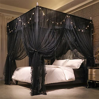  VETHIN 4 Corners Post Ruffle Princess Bed Canopy Curtain-Double Layer Cozy Drape Netting 4 Opening Mosquito Net For Girls Adults Bedroom Decoration (Double-Black,64" W*82" L*82"*H/Queen)