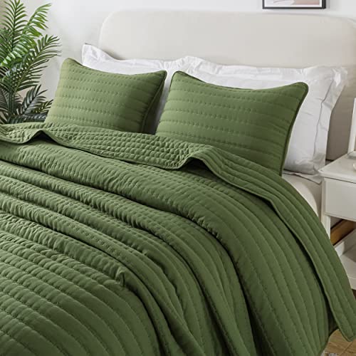  Olive Dark Green King Size Quilt Bedding Sets With Pillow Shams, Lightweight Soft Bedspread Coverlet, Forest Quilted Blanket Thin Comforter Bed Cover For All Season, 3 Pieces, 104x90 Inches