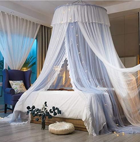  Bed Canopy For Girls - Princess Elegant Lace Round Sheer Mesh Bed Curtains - Canopy For Girls Room Bedding Net For Twin Full Queen King Size (Pink And Blue)
