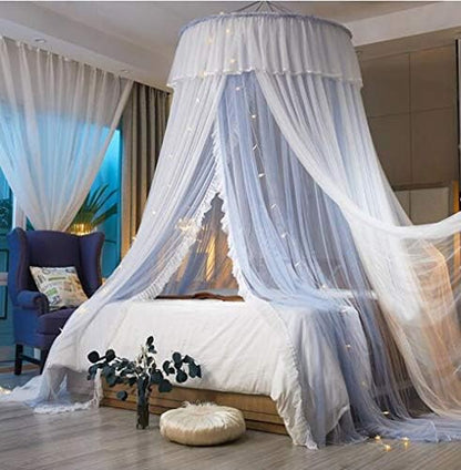  Bed Canopy For Girls - Princess Elegant Lace Round Sheer Mesh Bed Curtains - Canopy For Girls Room Bedding Net For Twin Full Queen King Size (Pink And Blue)