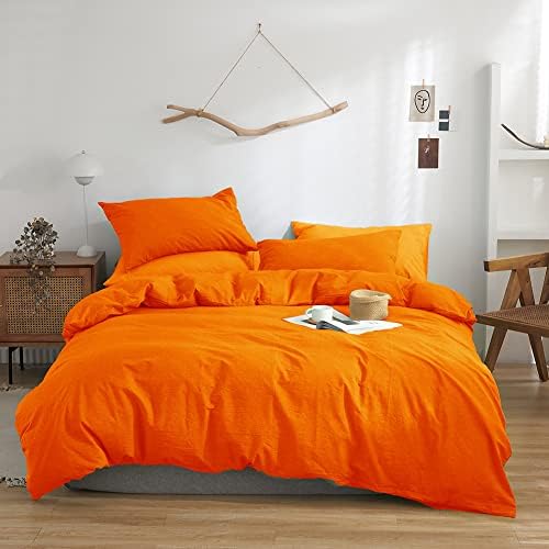  Burnt Orange Duvet Cover Twin Size, 100% Washed Cotton Duvet Cover Set Solid Orange Bedding Set Lightweight Comforter Cover 3 Pieces With Zipper Closure, 1 Duvet Cover 68x90 Inches And 2 Pillow Shams
