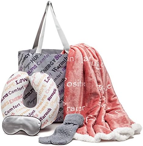  Chanasya 5-Piece Warm Hugs Positive Energy Healing Thoughts Comfort Caring Message Print Combo Gift Pack Throw Blanket, Neck Pillow, Eye Mask, Tote Bag, Socks - For Women Men Cancer Hospital Aubergine