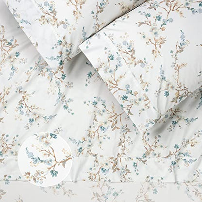  Traditional Floral Printed Elegant Patterned King Bed Sheet Set 4-Piece - 1 Flat Sheet 1 Fitted Sheet And 2 Pillowcases - Ultra Soft Wrinkle Stain Resistant Microfiber Sheets - Blue