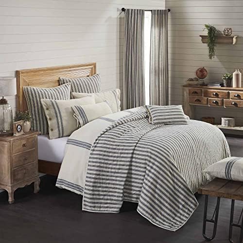  Piper Classics Market Place Blue Ticking Stripe Pillow Cover, 12" X 20", Farmhouse Décor Blue & Natural Cream W/Buttons