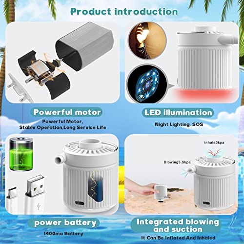  Mini Portable Air Pump For Inflatables, Electric Pump For Air Mattress Sleeping Pad, Rechargable USB Small Travel Air Pump With LED Lighting, Tiny Pump For Swimming Rings Bed Pool Toy (White)