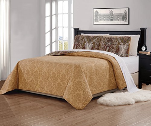  Quilted Bedspread Set Oversized Reversible Coverlet Floral Taupe Brown Green New (Full/Queen)