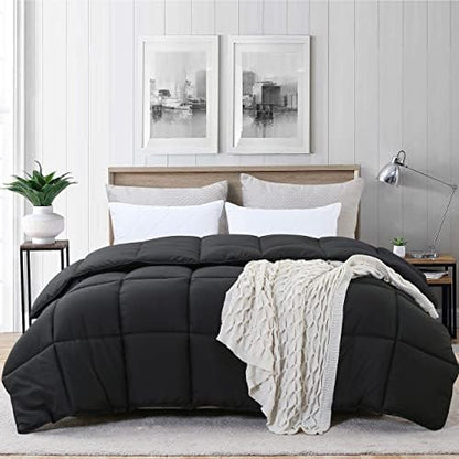  Ousidan Reversible Comforter Twin Size Down Alternative Quilt With Corner Tabs,Brushed Microfiber Cover Black/Dark Grey Comforter,Machine Washable,68x90Inches