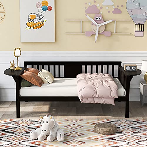  BIADNBZ Twin Daybed Sofa Bed Frame With 2 Side Small Foldable Table And Wood Slat Support, Bedroom Furniture Set, Easy Assembly, Espresso