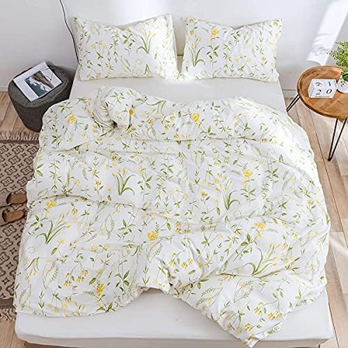  White Botanical Floral Duvet Cover Set King Size 100% Cotton Plants Flower Blossom Printed Comforter Cover Modern Rustic Flower Comforter Quilt Cover With Zipper And Closure 3 Pieces Bed Set