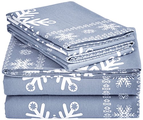  Amazon Brand – Pinzon Cotton Flannel Bed Sheet Set - Twin, Snowflake Dusty Blue