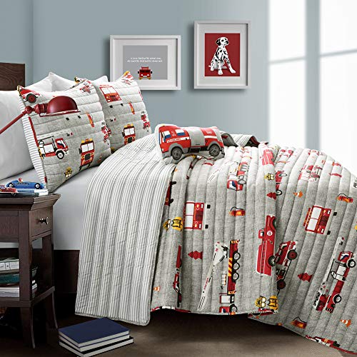  Make A Wish Fire Truck Red & Gray Reversible Print 3 Piece Quilt Set, Twin