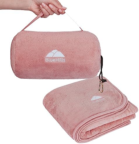  BlueHills Travel Blanket Pillow Rolled Premium Soft Plush Airplane Throw Traveling Essentials Compact In A Bag With Luggage Belt 70 X 48 Inches For Long Plane Flight Portable Lightweight Grey Gray R01