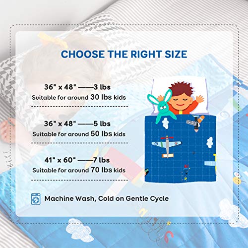  Sivio Weighted Blanket Kids, 5 Pounds, Minky Fleece And Cotton Throw Blanket With Beads, Reversible Heavy Blanket For Children 30-50 Lbs, 36x48 Inch, Blue Airplane
