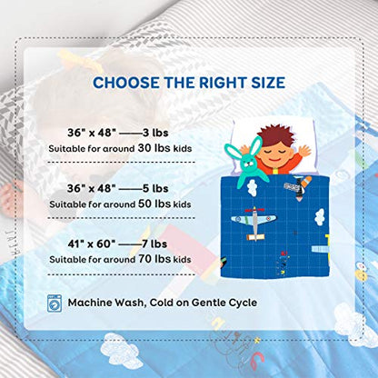  Sivio Weighted Blanket Kids, 5 Pounds, Minky Fleece And Cotton Throw Blanket With Beads, Reversible Heavy Blanket For Children 30-50 Lbs, 36x48 Inch, Blue Airplane