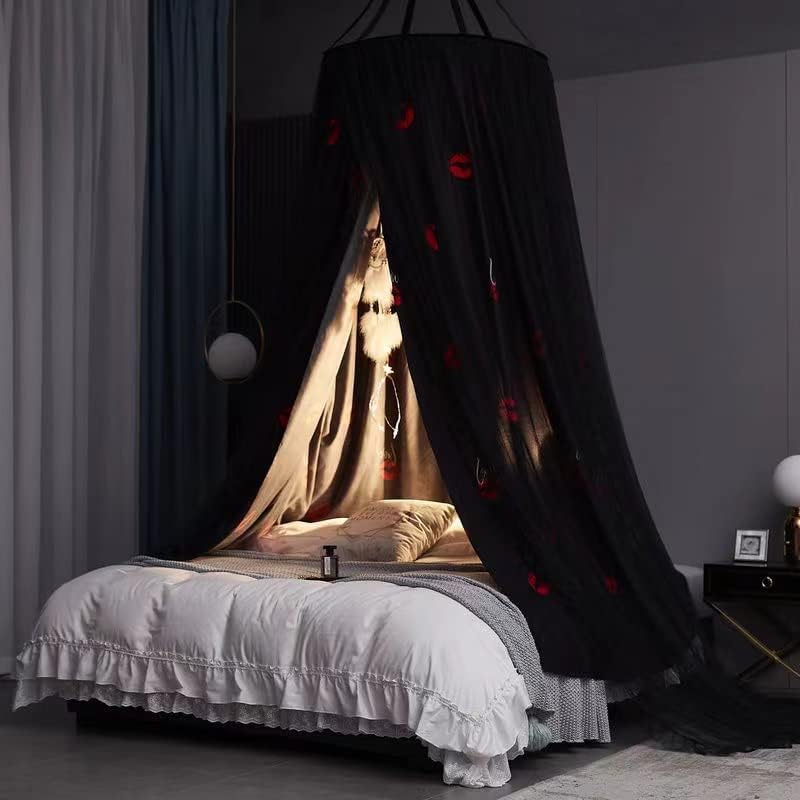  Padiouxs Luxurious Canopy Bed Curtains For Girls, Adults,Children Double Layers Princess Bed Canopy- Round Dome Lace Princess Mosquito Bedding Net For Twin Full Queen King Size(Black)