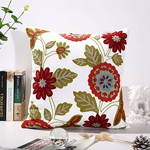  Oneslong Throw Pillow Case Covers - Set Of 2-100% Cotton, Decorative Floral Embroidered Design On Solid Natural White Background For Couch, Sofa, Bed - 18 X 18 Inches - Cushion Not Included