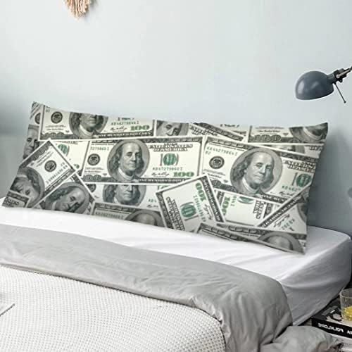  100 Dollar Bills Body Pillow Cover Funny USA Cash Current Money Us Dollars Long Pillow Case Protector With Zipper Rectangle Soft Large Pillow Cases Covers For Bedding,Couch,Sofa,Home Gifts 20"x54"
