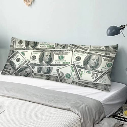  100 Dollar Bills Body Pillow Cover Funny USA Cash Current Money Us Dollars Long Pillow Case Protector With Zipper Rectangle Soft Large Pillow Cases Covers For Bedding,Couch,Sofa,Home Gifts 20"x54"