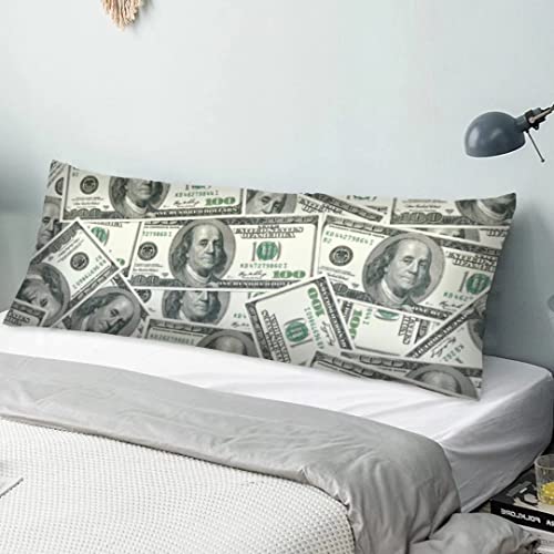  100 Dollar Bills Body Pillow Cover Funny USA Cash Current Money Us Dollars Long Pillow Case Protector With Zipper Rectangle Soft Large Pillow Cases Covers For Bedding,Couch,Sofa,Home Gifts 20"x54"