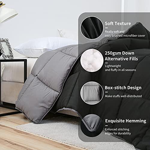  Ousidan Reversible Comforter Twin Size Down Alternative Quilt With Corner Tabs,Brushed Microfiber Cover Black/Dark Grey Comforter,Machine Washable,68x90Inches