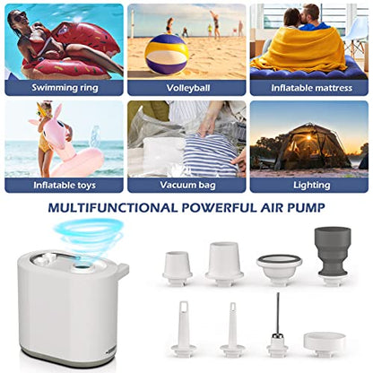  Tiny Pump Portable Ultra-Mini Air Pump With Camping Light,1360mAh Rechargeable To Inflate Deflate For Sleeping Pad Pool Floats Swimming Ring Vacuum Storage Bags Balloon Soccer-8 Air Nozzles